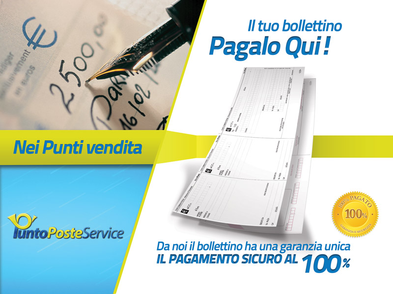 Il servizio di pagamento bollettini è disponibile nei punti vendita PuntoPosteService che espongono la vetrofania qui rappresentata.