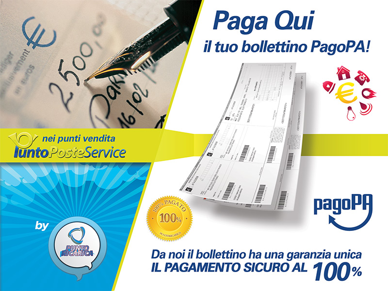 Il servizio di pagamento bollettini PagoPA è disponibile nei punti vendita PuntoPosteService che espongono la vetrofania qui rappresentata.